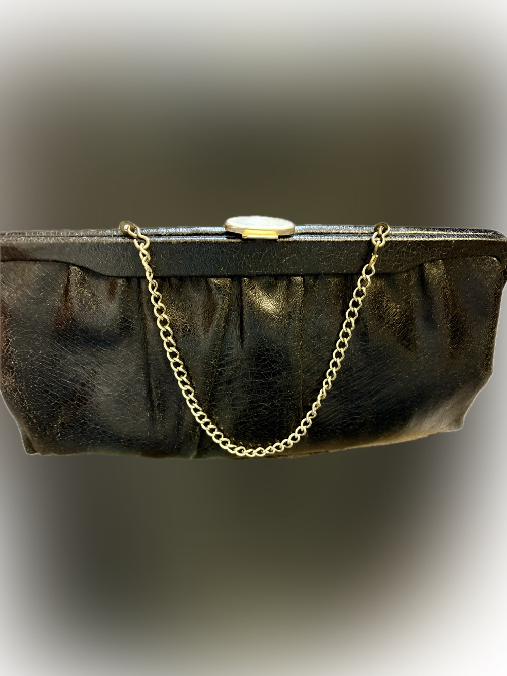 Vintage Black Leather Clutch with Gold Chain Handle
